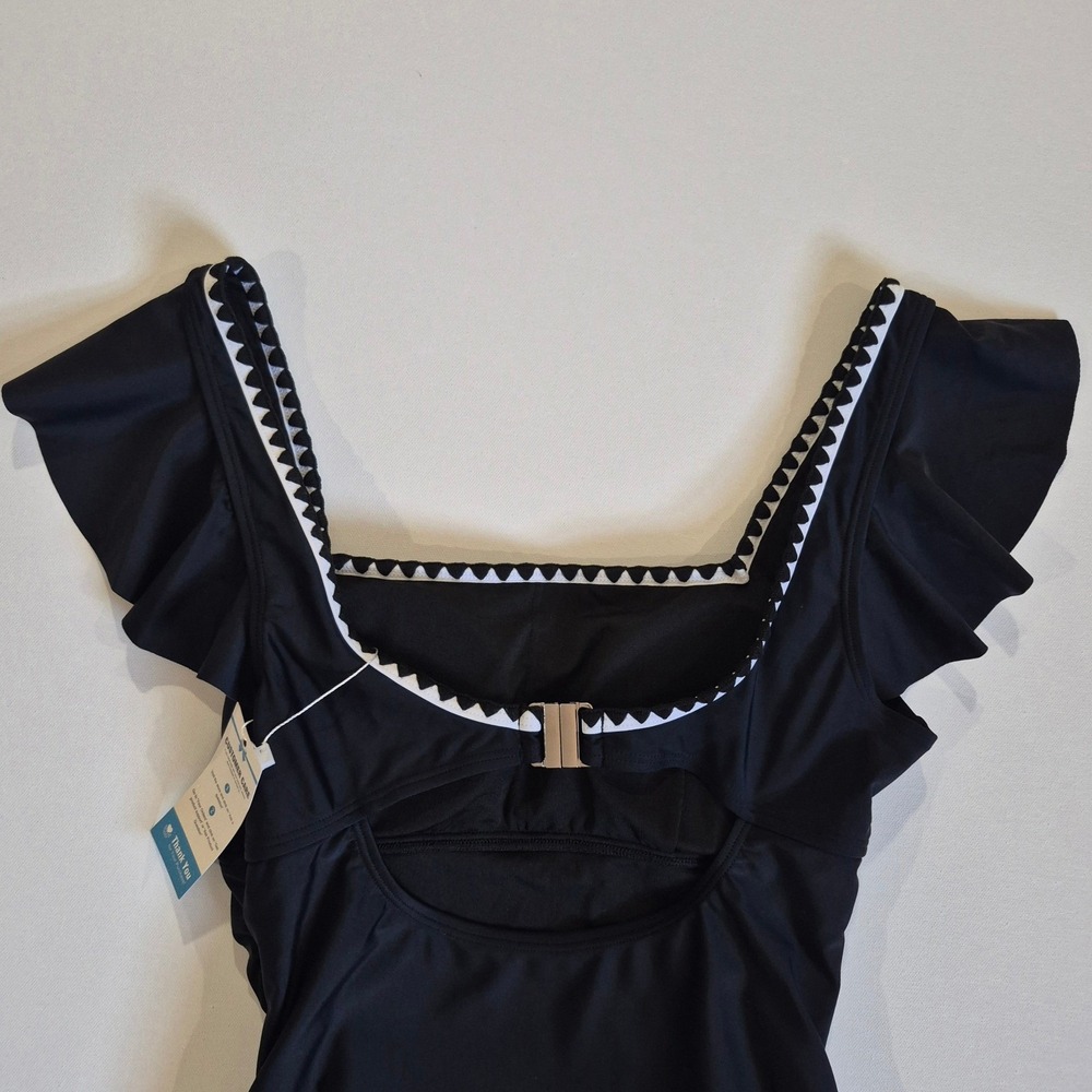 Sunshine One Piece Tummy Control Swimsuit Black Rickrack Ruffle Sleeve Ruching - Picture 8 of 9